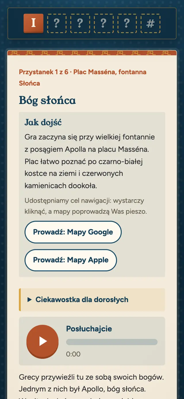 Ekran telefonu z pierwszym przystankiem gry: zdobyta litera, wskazówki dojścia i przyciski nawigacji Mapy Google i Mapy Apple