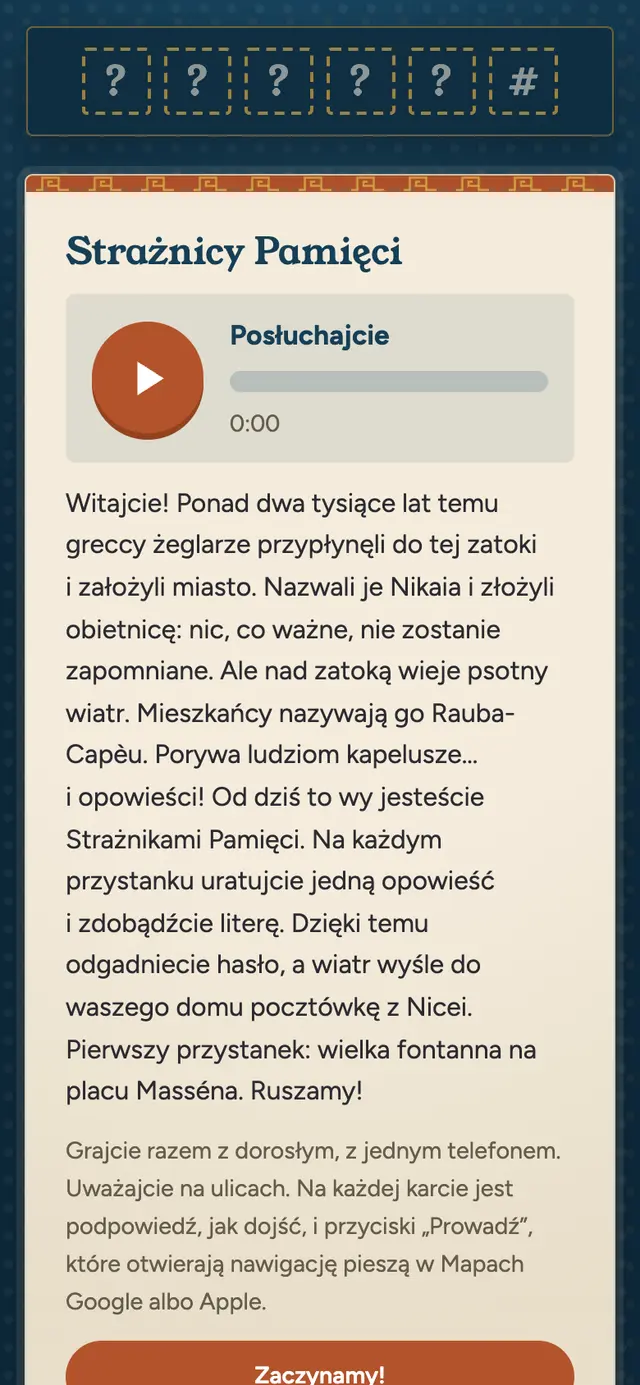 Ekran telefonu z wstępem do gry „Tajemnica Nikai”: pasek na litery hasła, odtwarzacz nagrania i opowieść o Strażnikach Pamięci